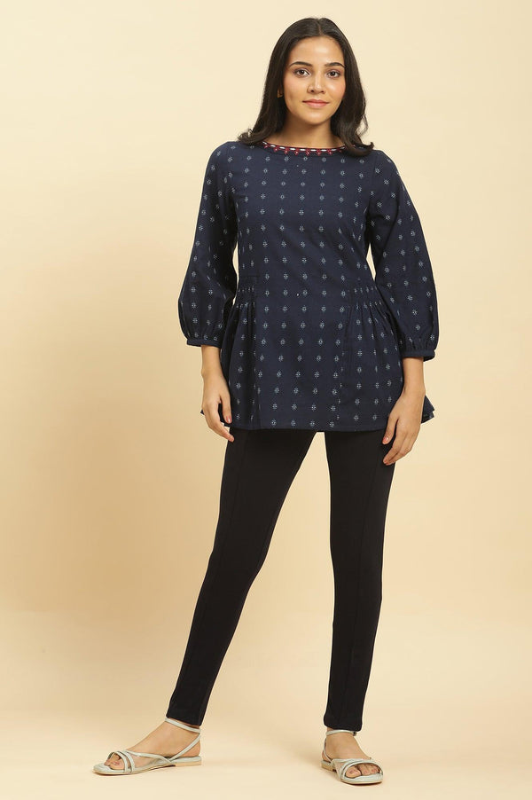 Blue Yarn Dyed Smocked Straight Top