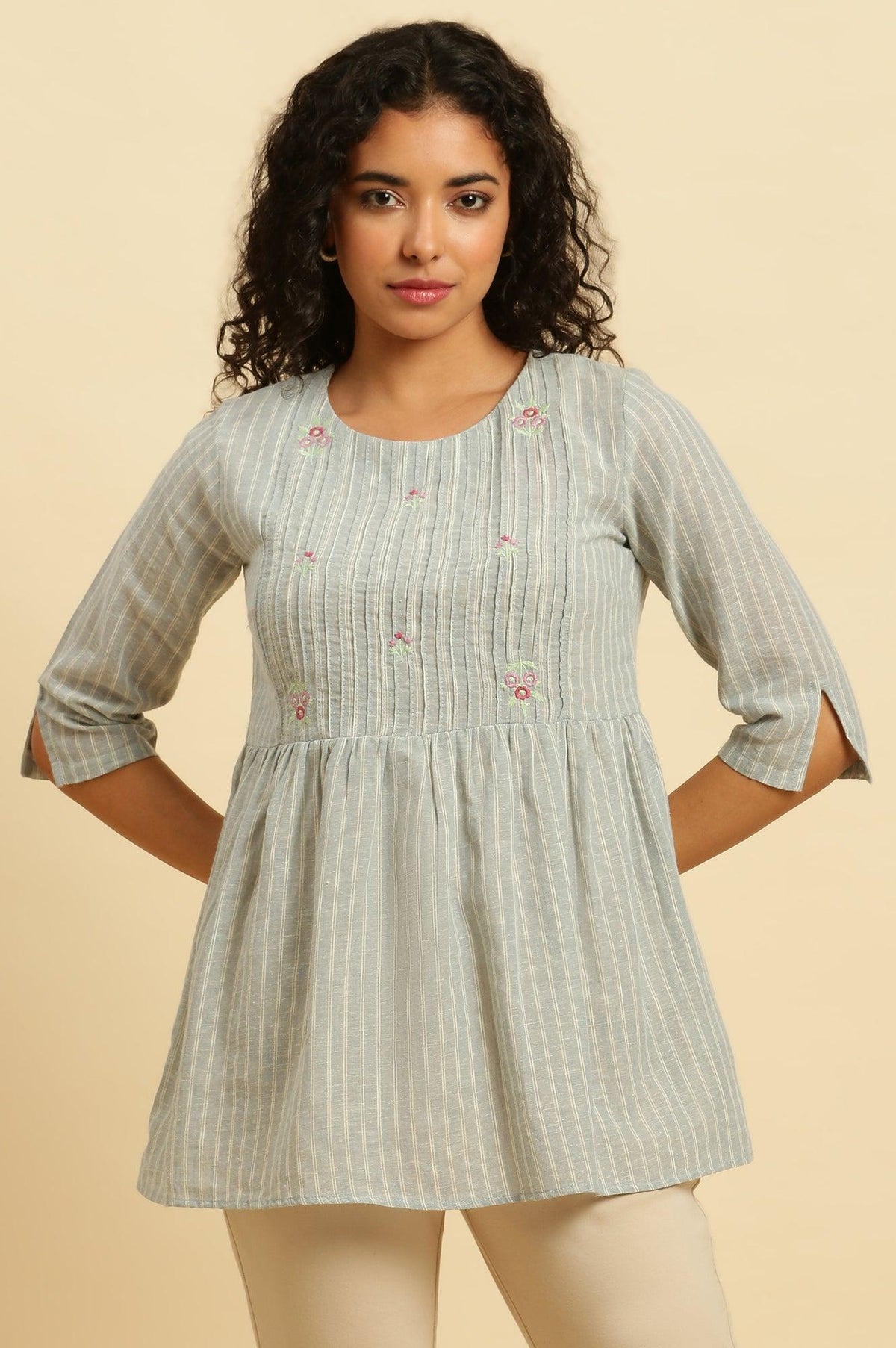 Grey Top with Pintucks and Embroidery