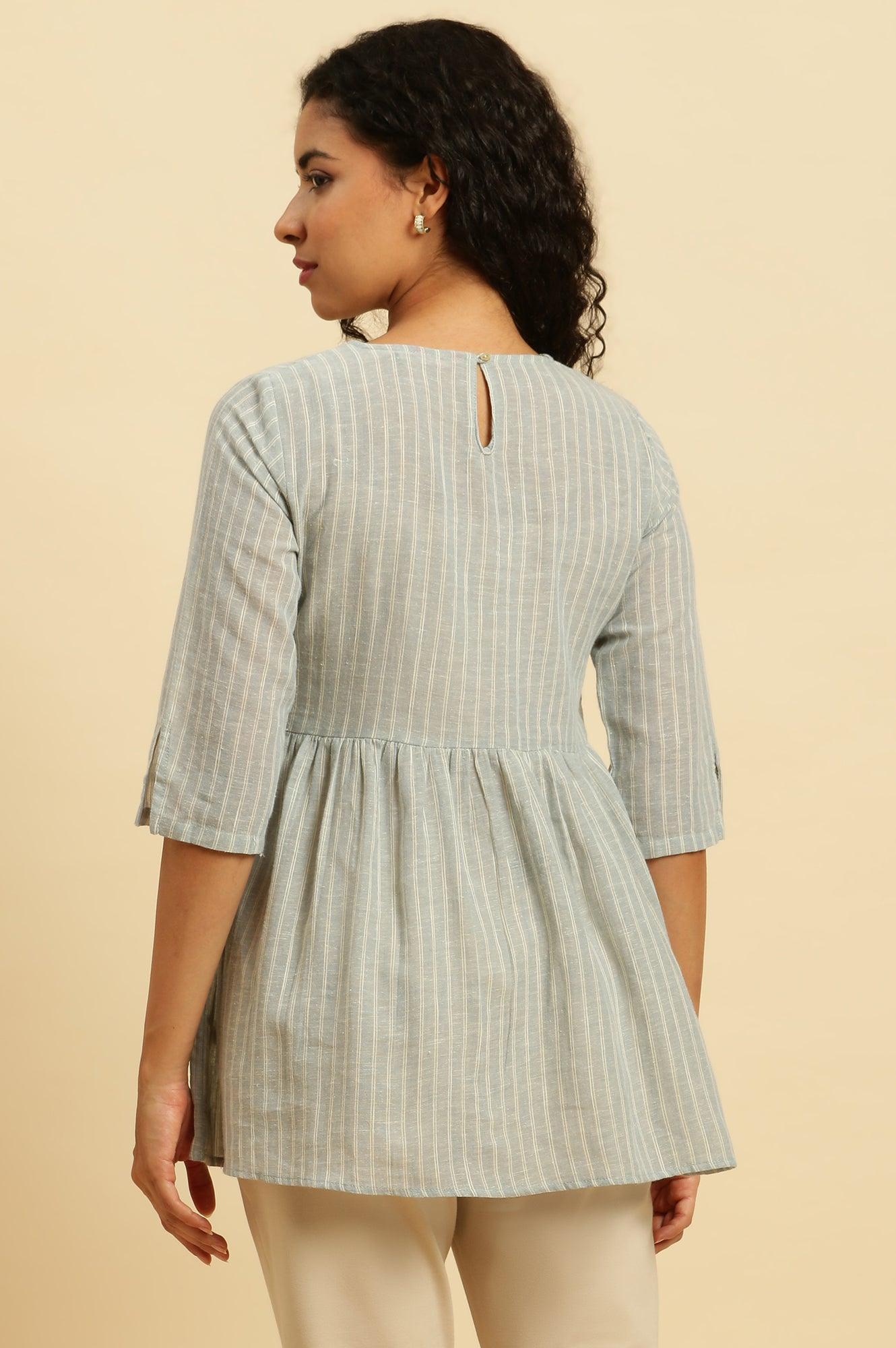 Grey Gathered Top With Pintucks &amp; Embroidery - wforwoman