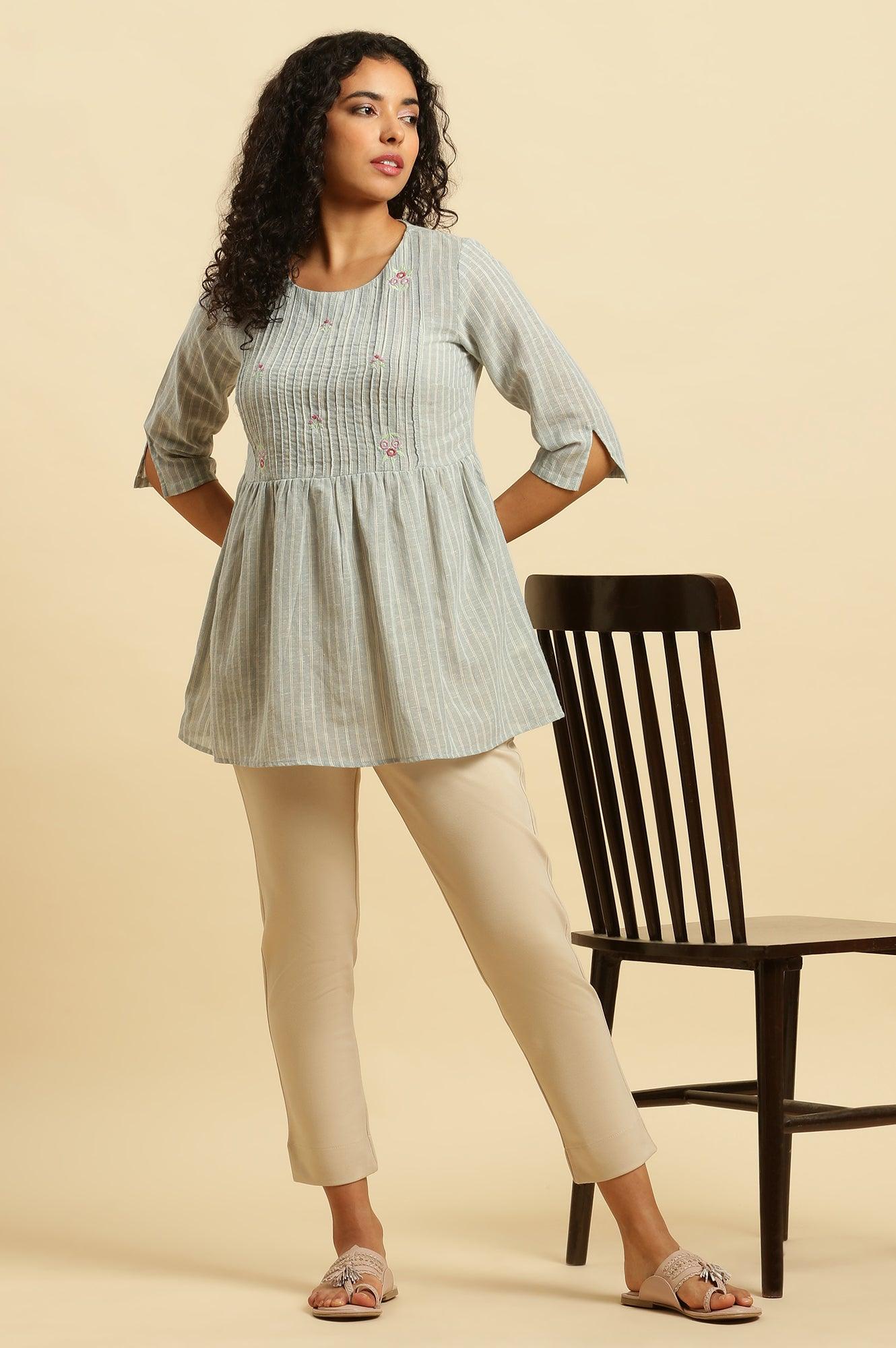 Grey Gathered Top With Pintucks &amp; Embroidery - wforwoman