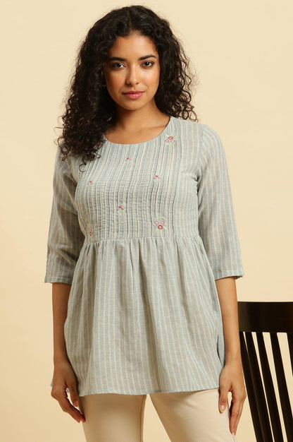 Grey Gathered Top With Pintucks &amp; Embroidery - wforwoman