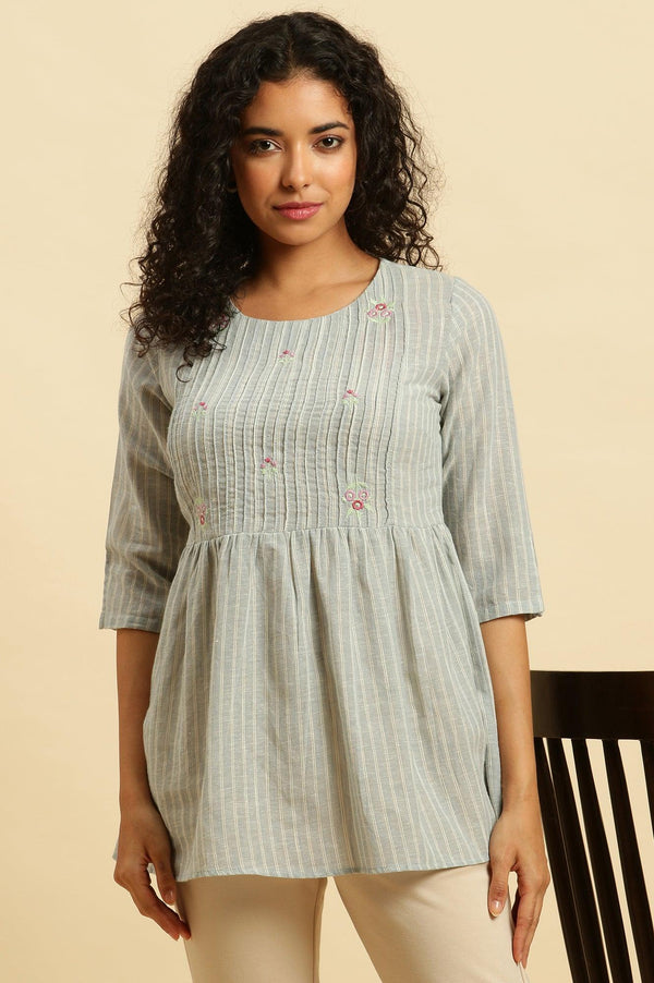 Grey Top with Pintucks and Embroidery