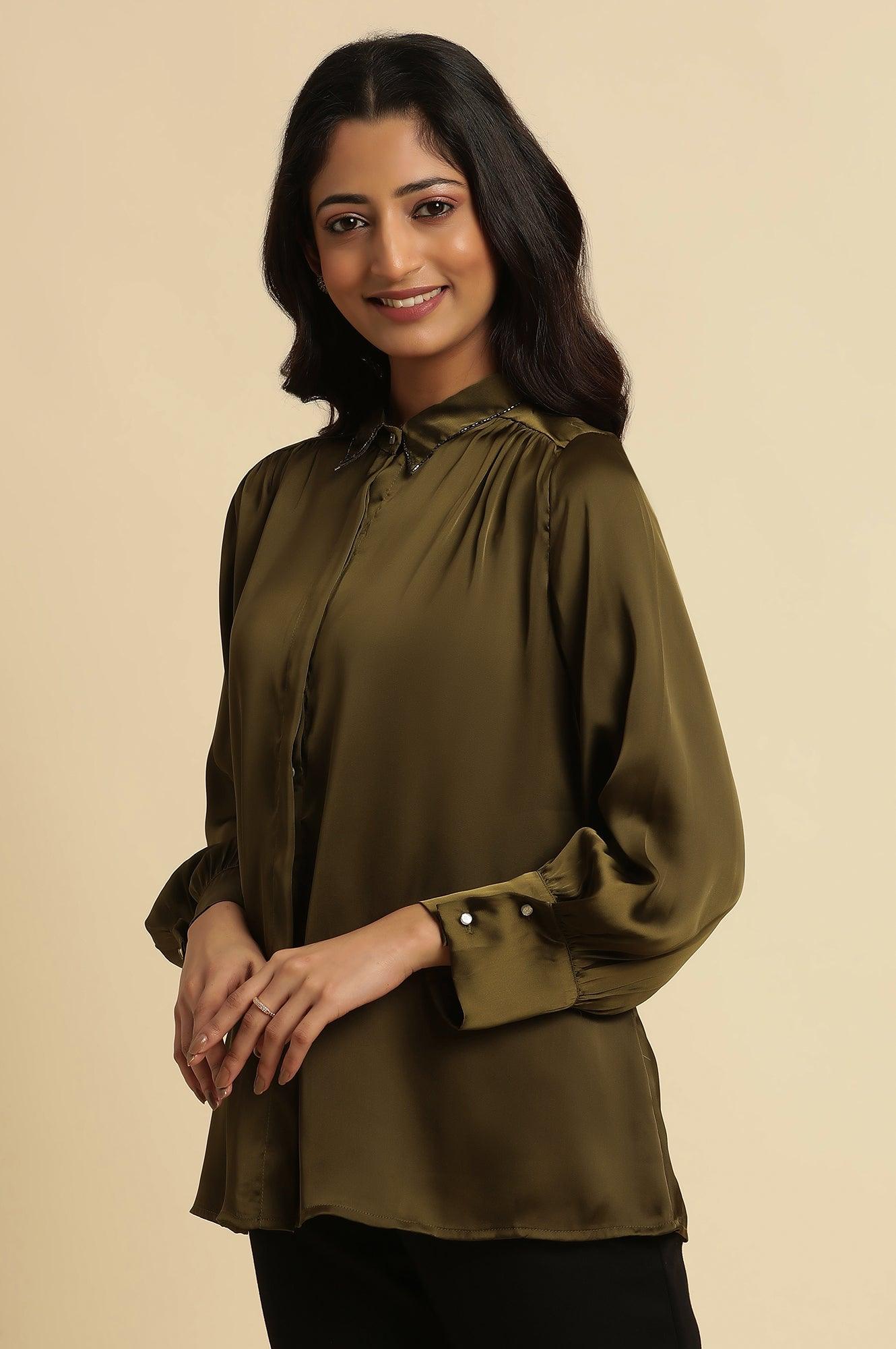 Olive Green Modal Satin Embellished Shirt - wforwoman
