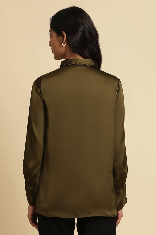Olive Green Modal Satin Embellished Shirt