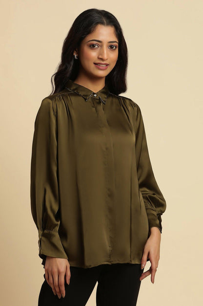 Olive Green Modal Satin Embellished Shirt - wforwoman