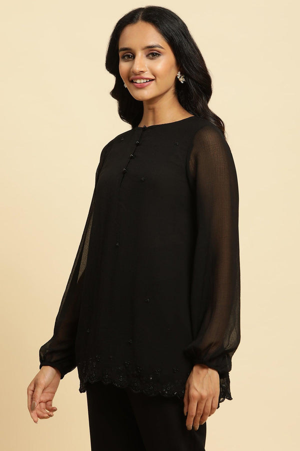 Black Scalloped Embellished Hemline Top