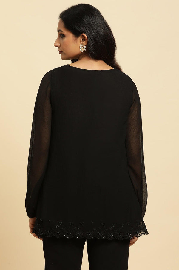 Black Scalloped Embellished Hemline Top