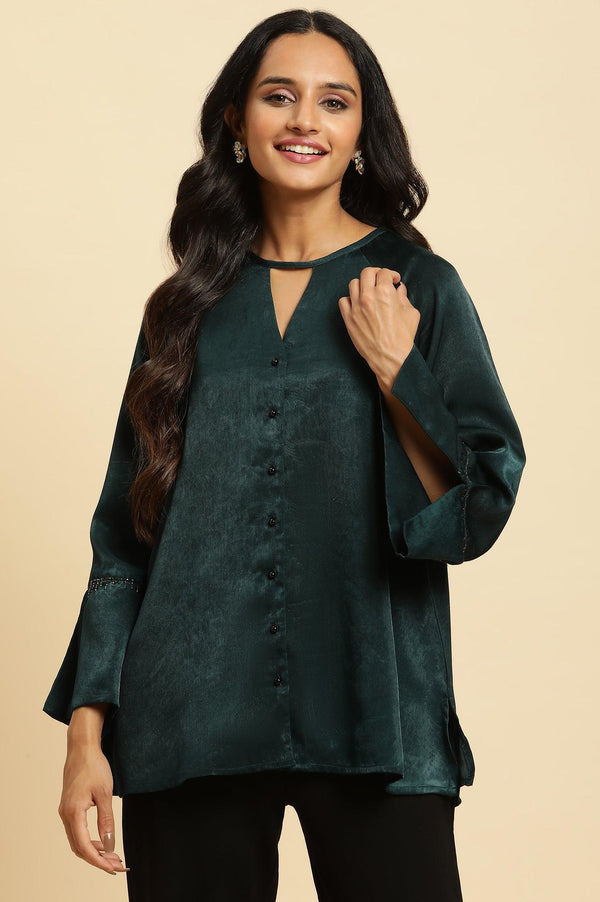 Green Neck Cutout Embellished Shirt