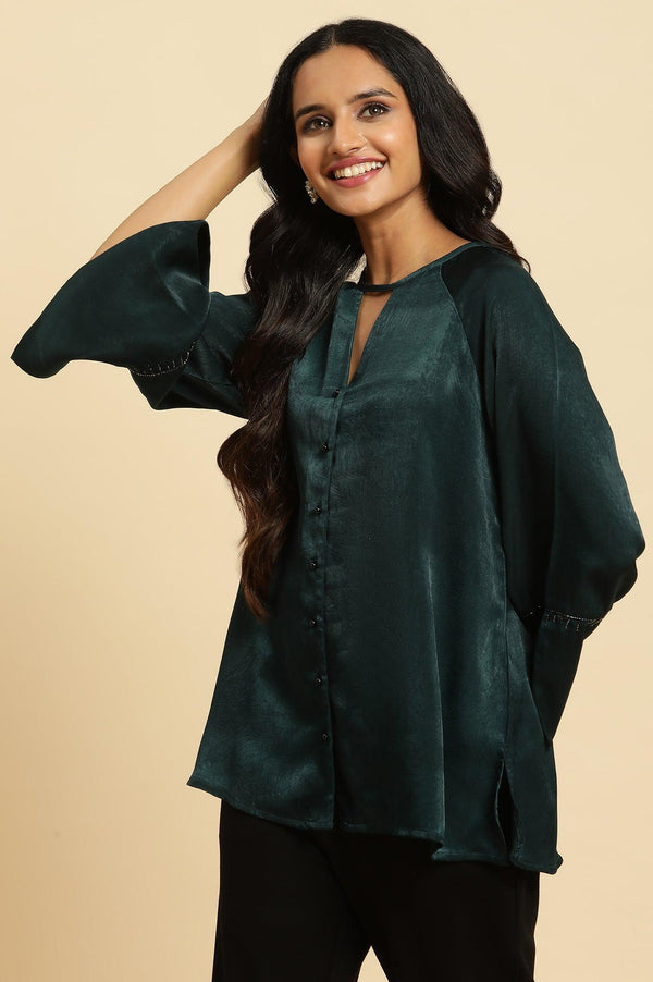 Green Neck Cutout Embellished Shirt