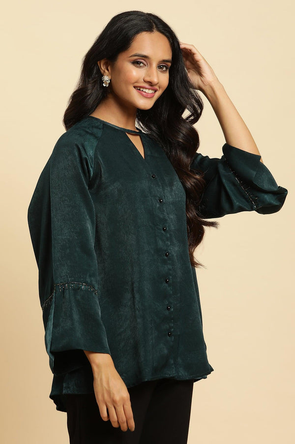 Green Neck Cutout Embellished Shirt