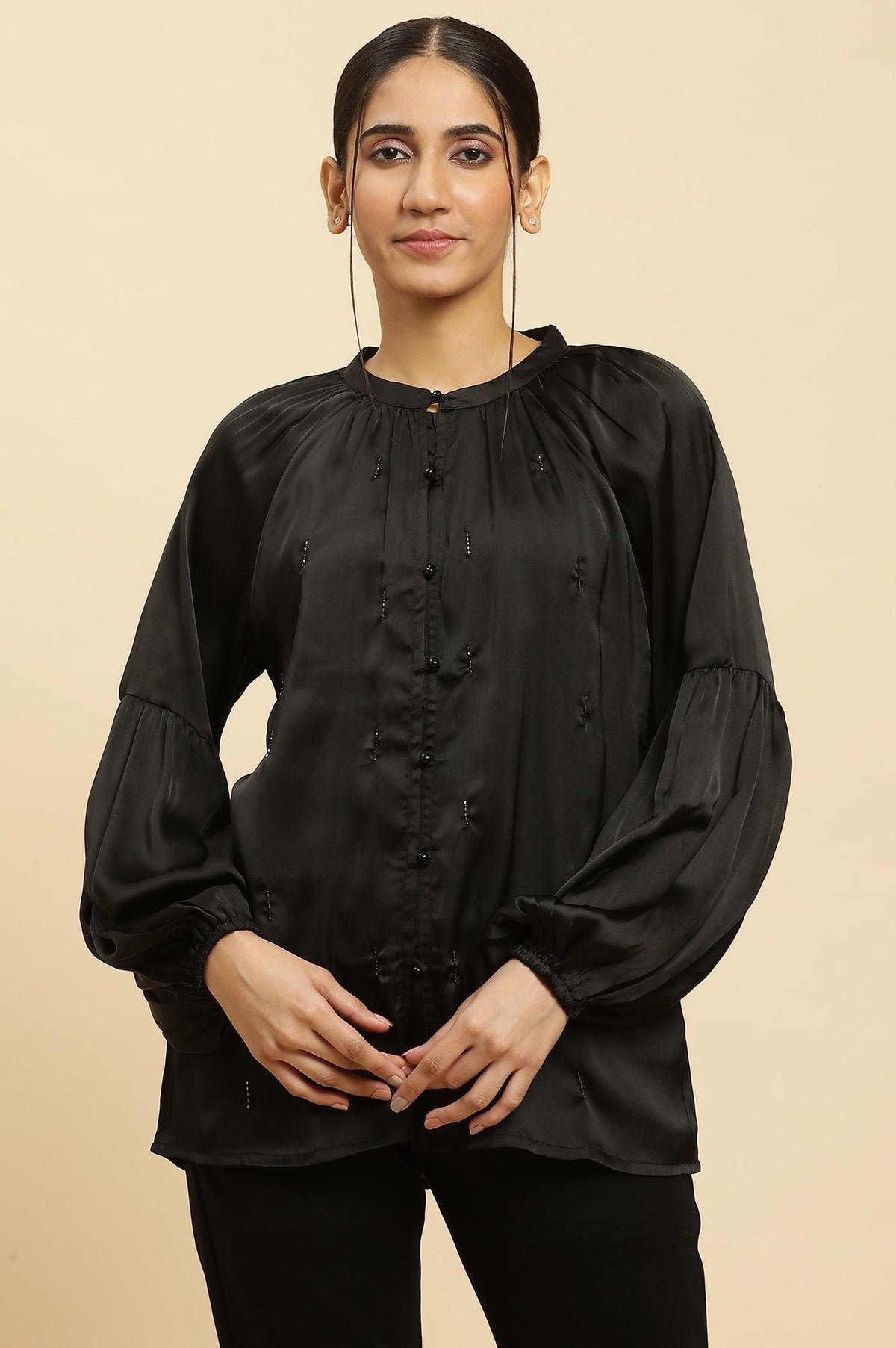 Black Beaded Party Western Top - XS