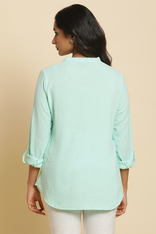 Blue Mandarin Collar Western Straight Top