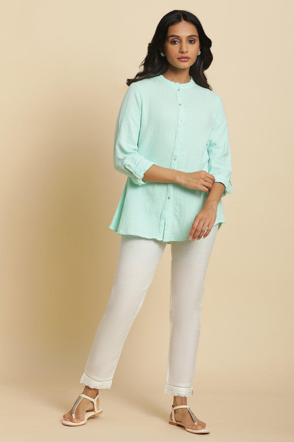 Blue Mandarin Collar Western Straight Top