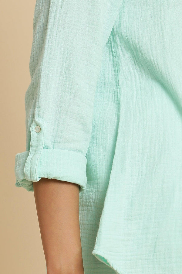 Blue Mandarin Collar Western Straight Top