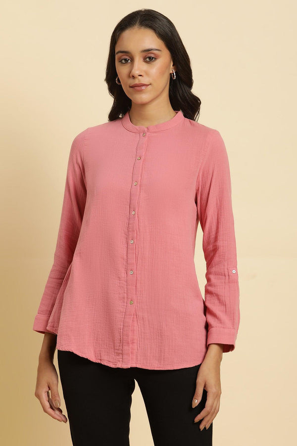 Pink Mandarin Collar Western Straight Top
