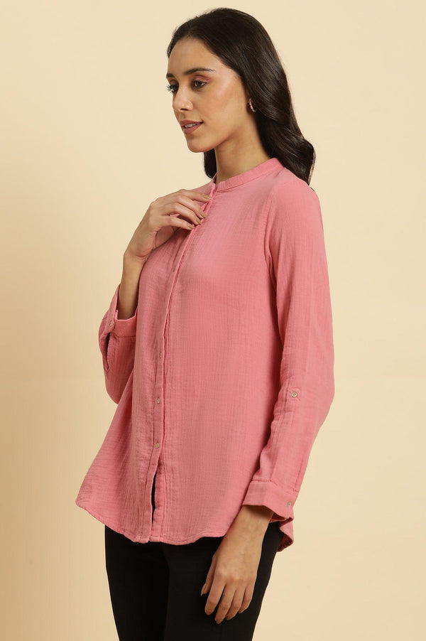 Pink Mandarin Collar Western Straight Top