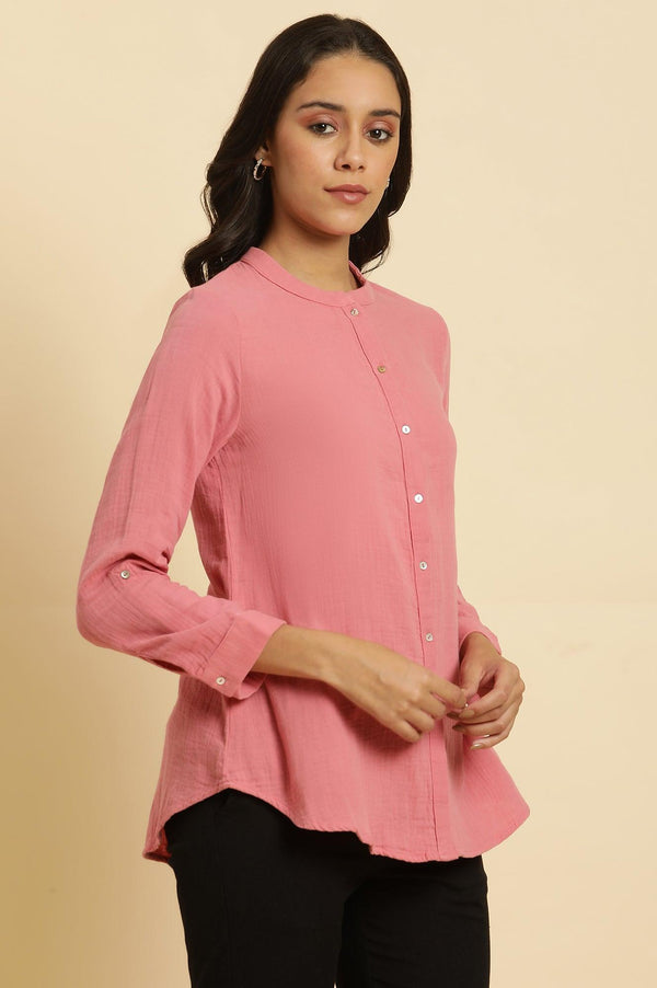 Pink Mandarin Collar Western Straight Top