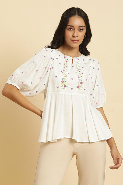 White Peplum Top With Embroidered Yoke - wforwoman