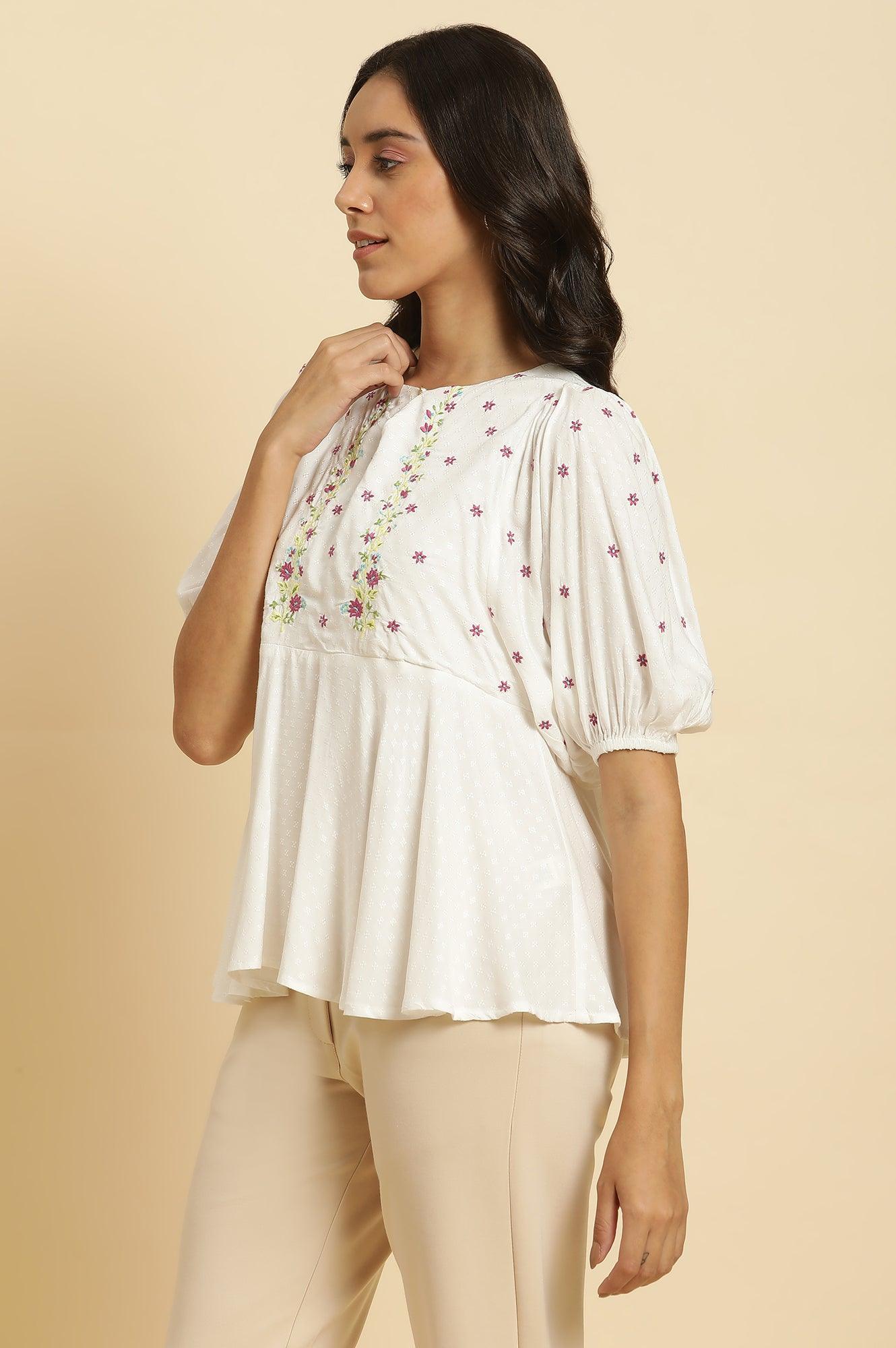 White Peplum Top With Embroidered Yoke - wforwoman