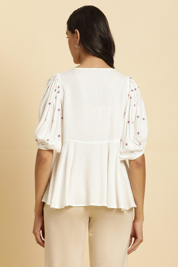 White Peplum Cotton Top with Embroidered Yoke