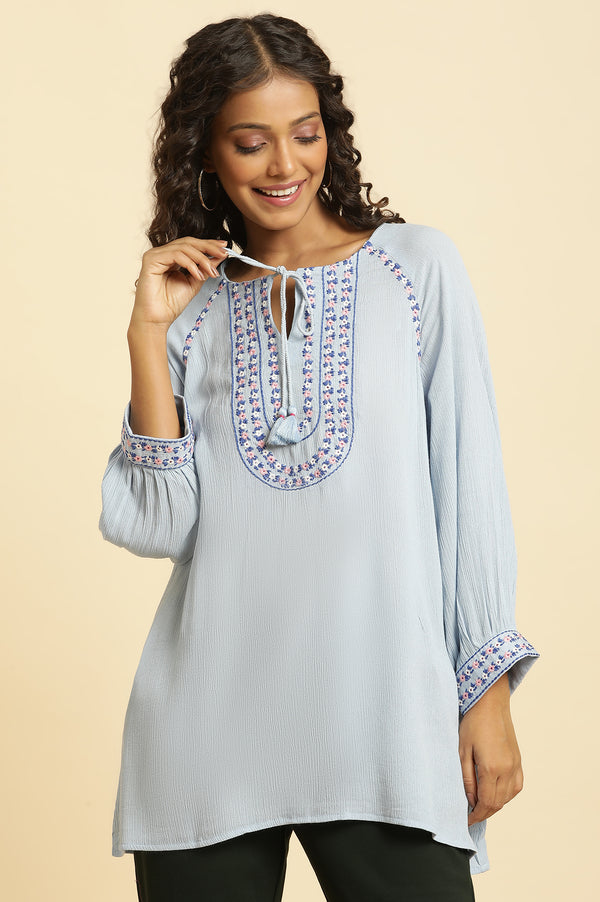 Powder Blue Embroidered Yoke Rayon Crepe Straight Top