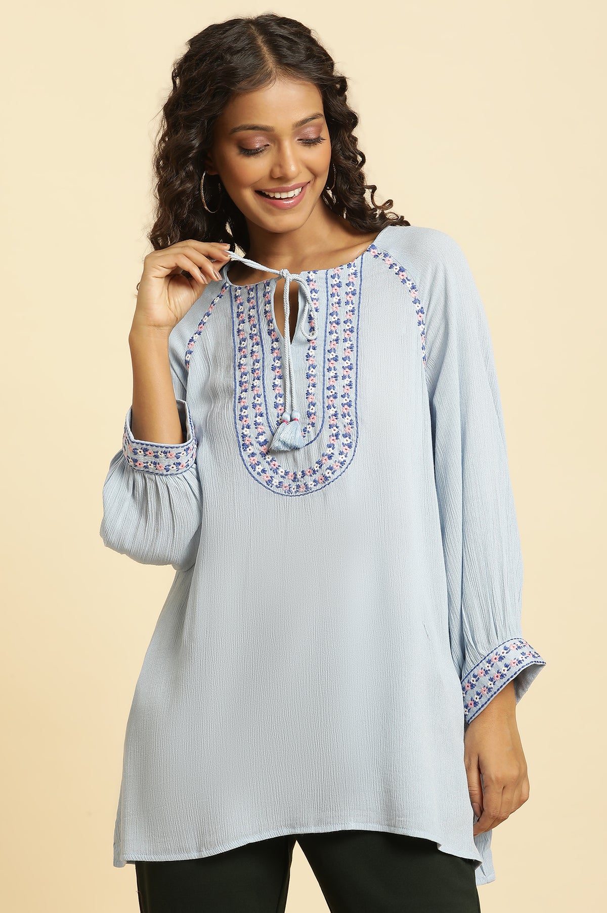 Powder Blue Top With Embroidered Yoke - XS