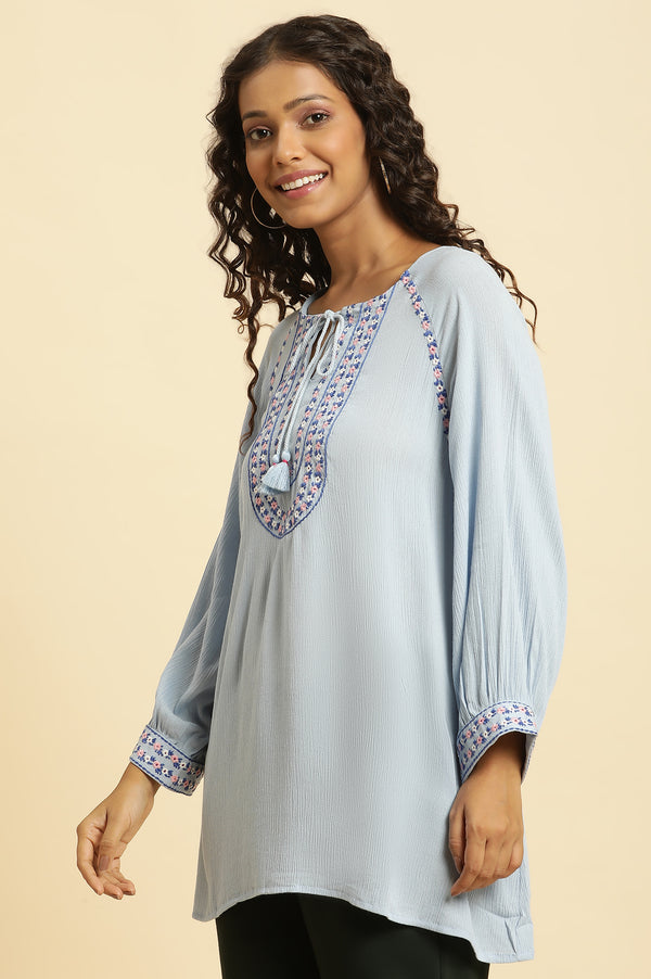 Powder Blue Embroidered Yoke Rayon Crepe Straight Top