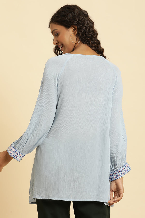 Powder Blue Embroidered Yoke Rayon Crepe Straight Top