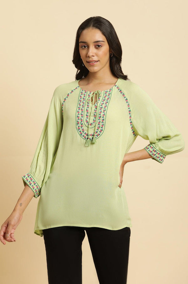 Sage Green Embroidered Yoke Rayon Crepe Straight Top