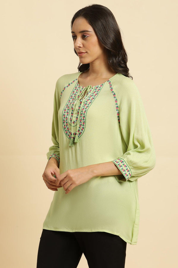 Sage Green Embroidered Yoke Rayon Crepe Straight Top