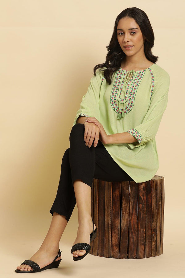 Sage Green Embroidered Yoke Rayon Crepe Straight Top