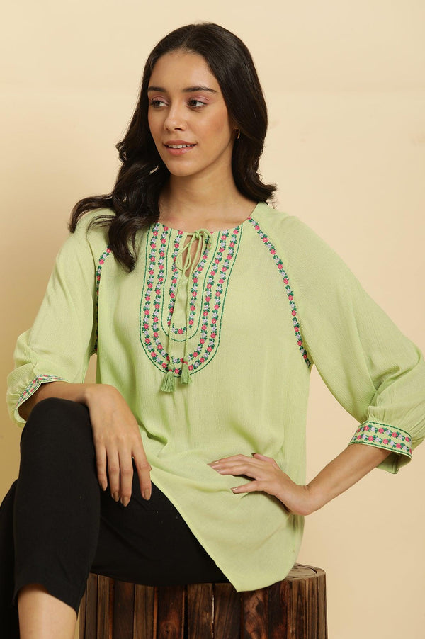 Sage Green Embroidered Yoke Rayon Crepe Straight Top