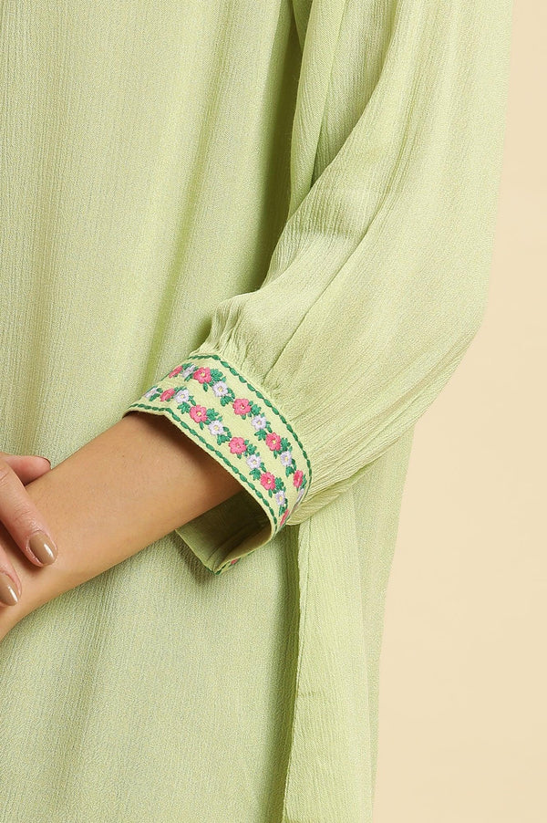 Sage Green Embroidered Yoke Rayon Crepe Straight Top