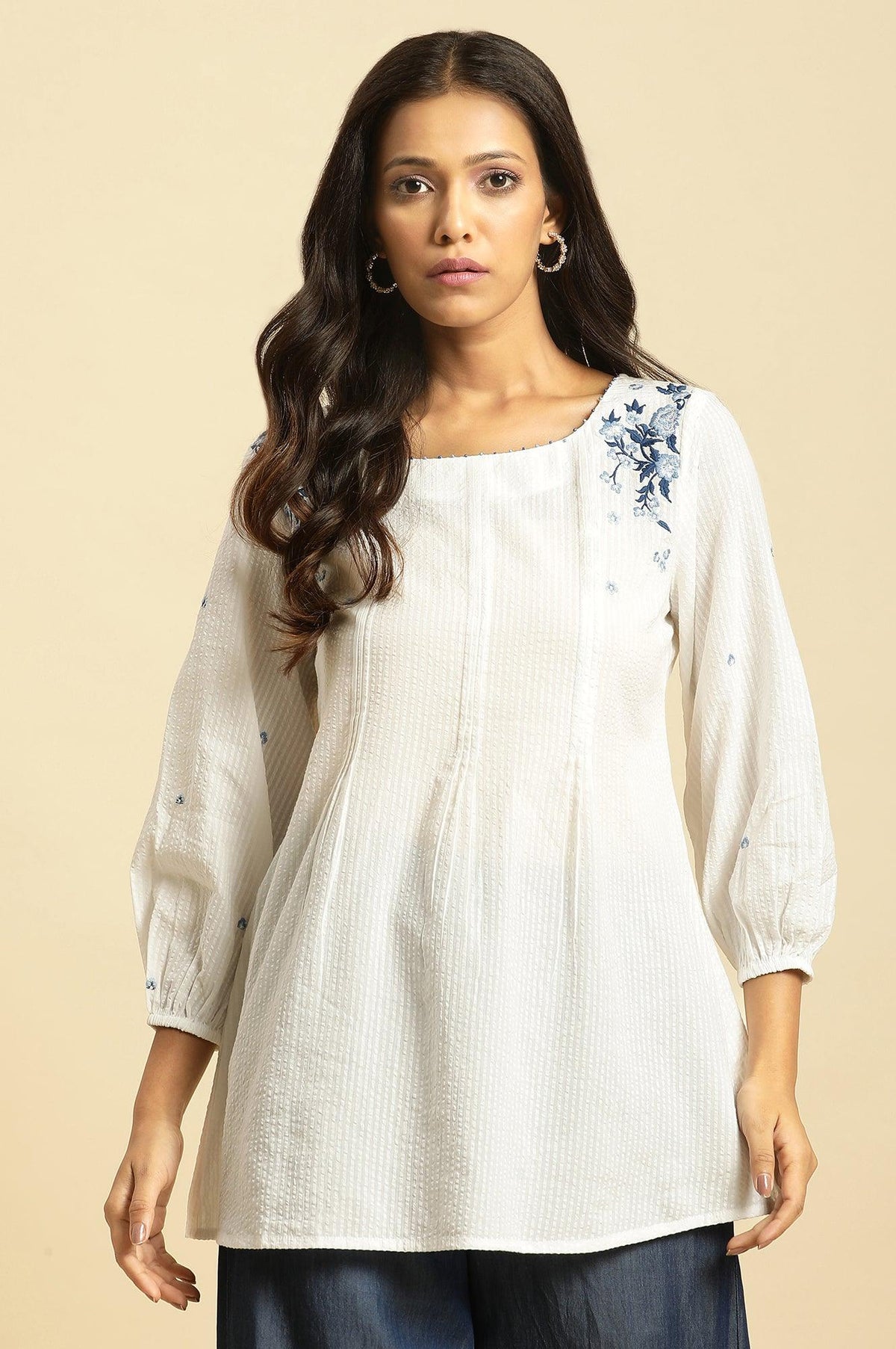 White Front Pleated Cotton Top with Embroidery
