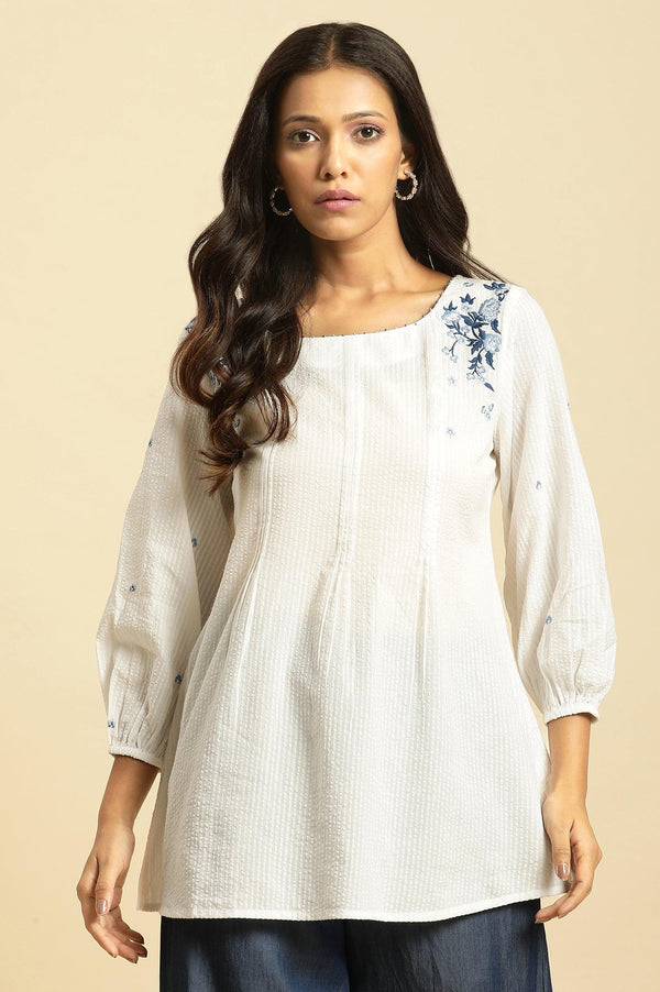 White Front Pleated Cotton Top with Embroidery