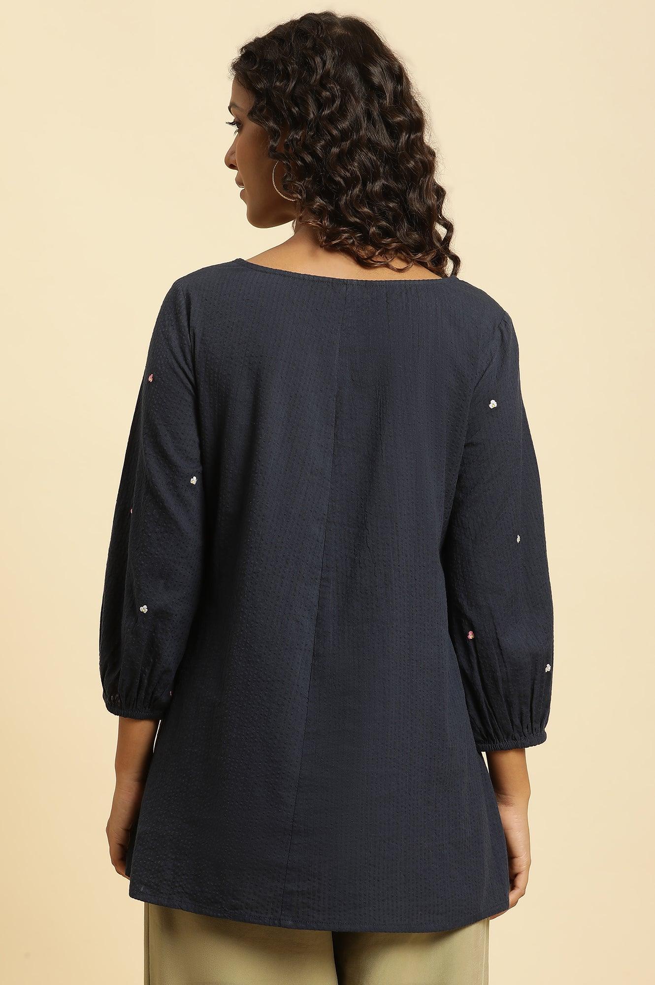 Navy Front Pleated Top With Embroidery - wforwoman
