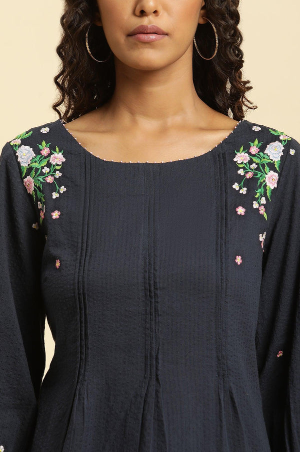 Navy Front Pleated Embroidered Pure Cotton Straight Top