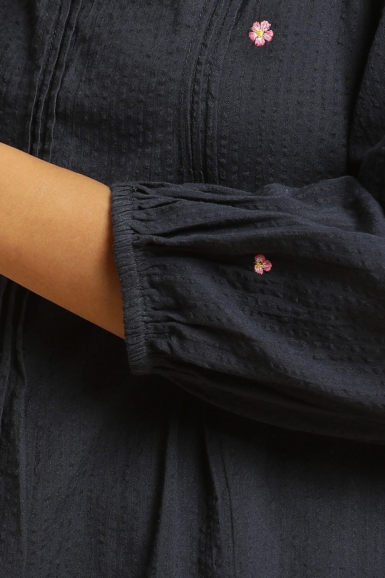 Navy Front Pleated Top With Embroidery - wforwoman