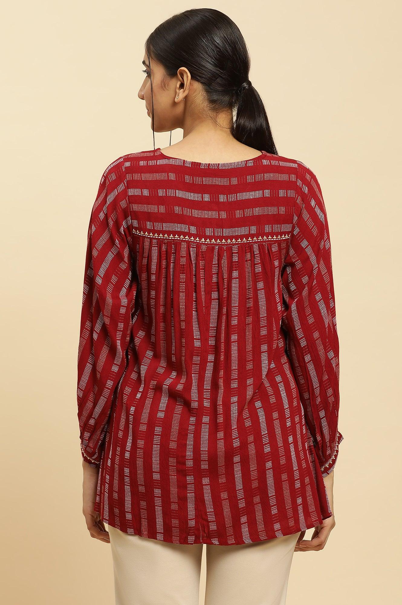 Maroon Gathered Top With Embroidery - wforwoman