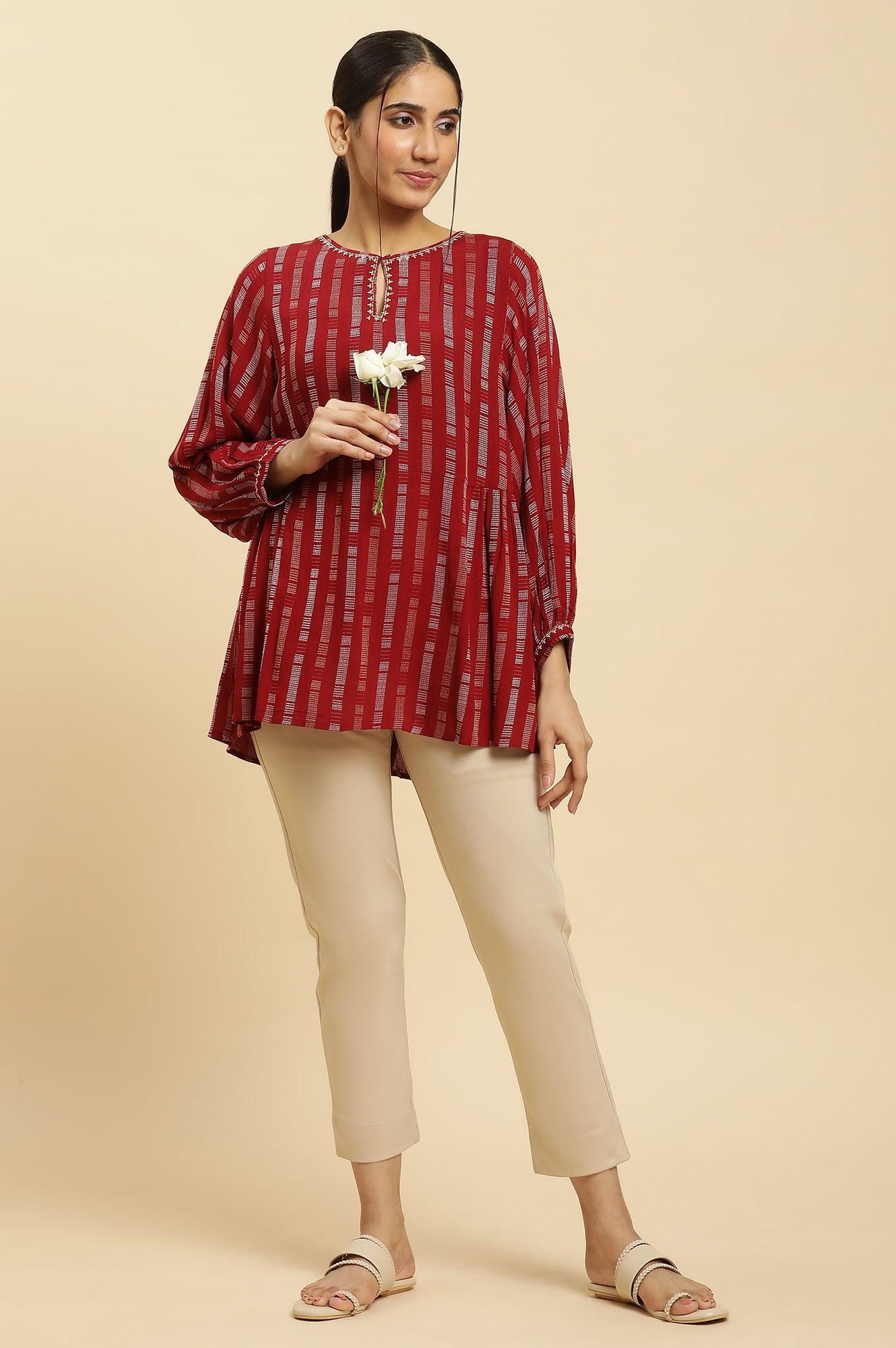 Maroon Gathered Top With Embroidery - wforwoman