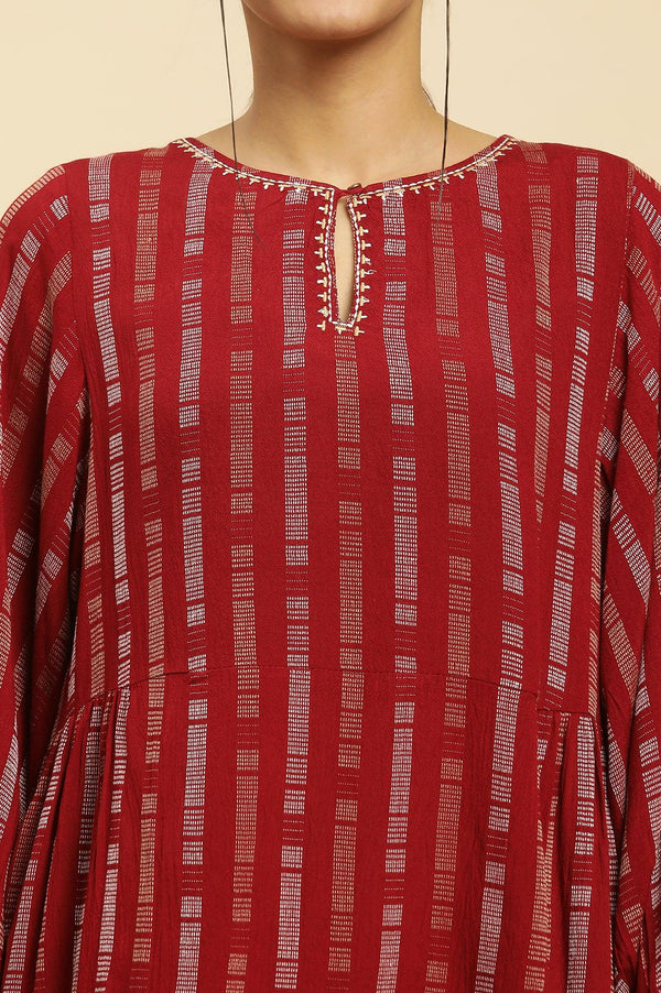 Maroon Gathered Top With Embroidery