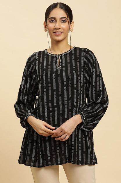 Black Gathered Top With Embroidery - wforwoman
