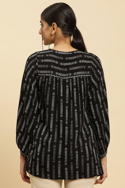 Black Gathered Top With Embroidery - wforwoman