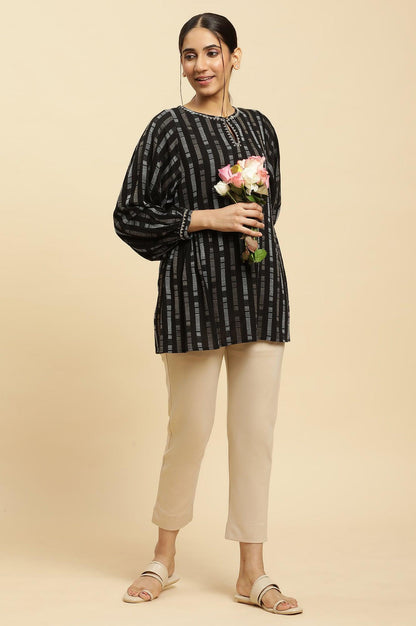 Black Gathered Top With Embroidery - wforwoman