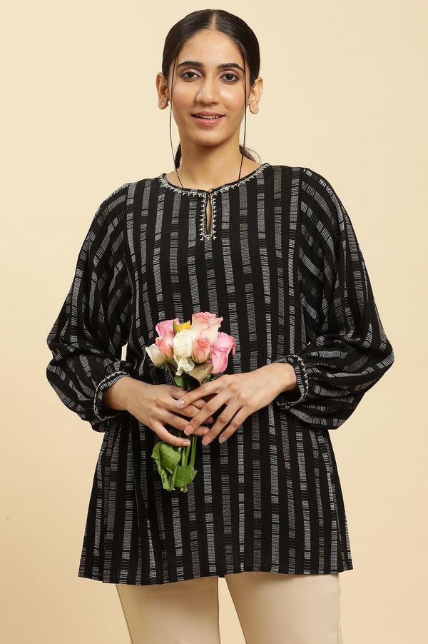 Black Gathered Top With Embroidery