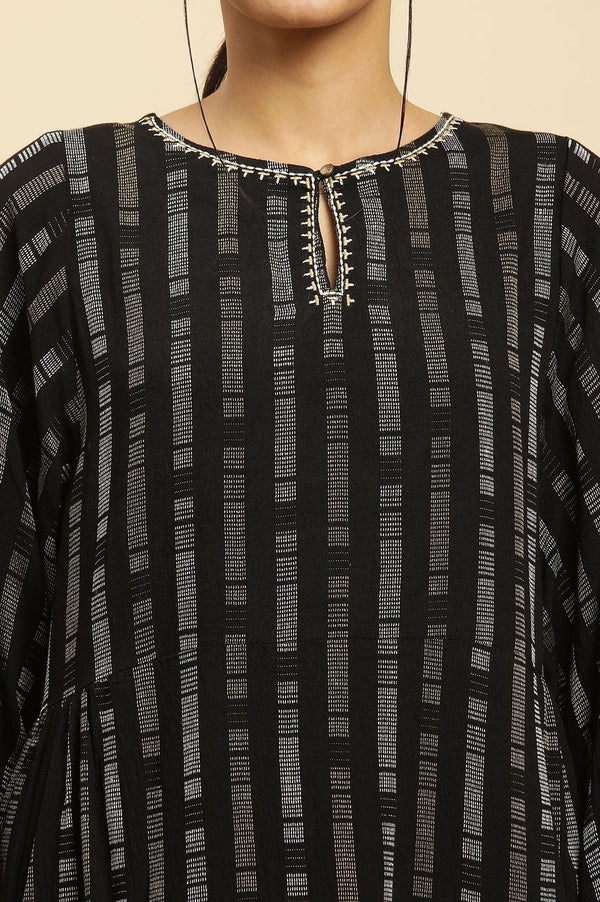 Black Gathered Top With Embroidery