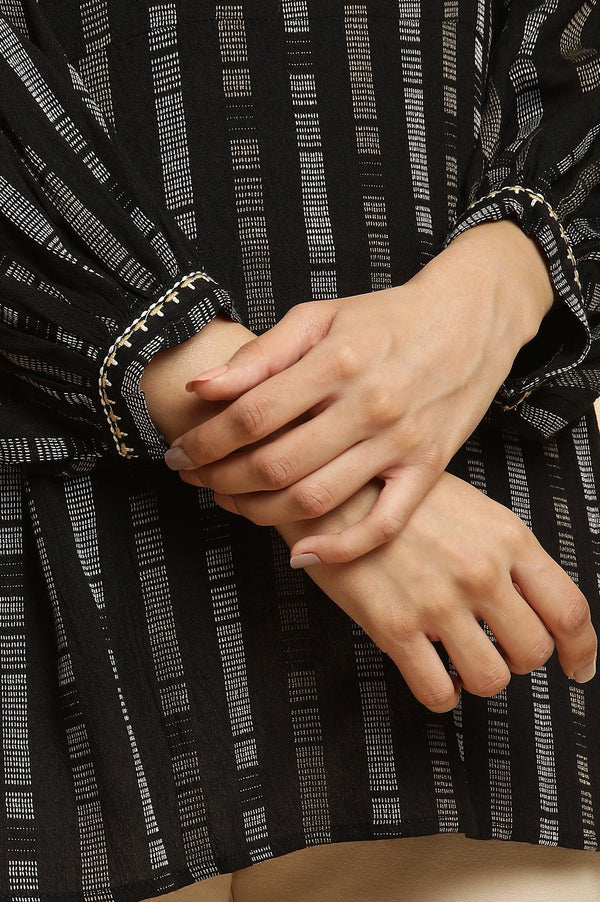 Black Gathered Top With Embroidery