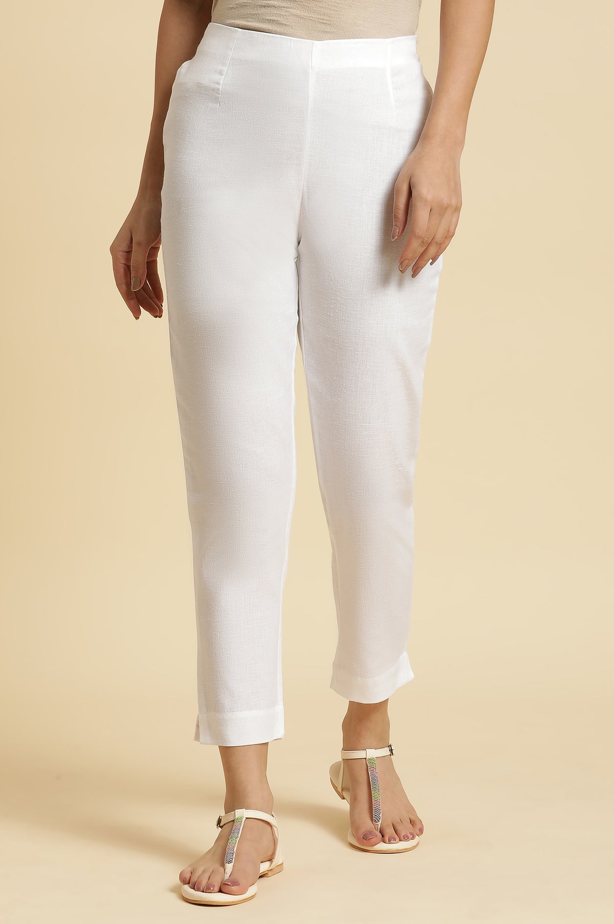 Ecru Solid Cotton Flax Slim Pants - XS