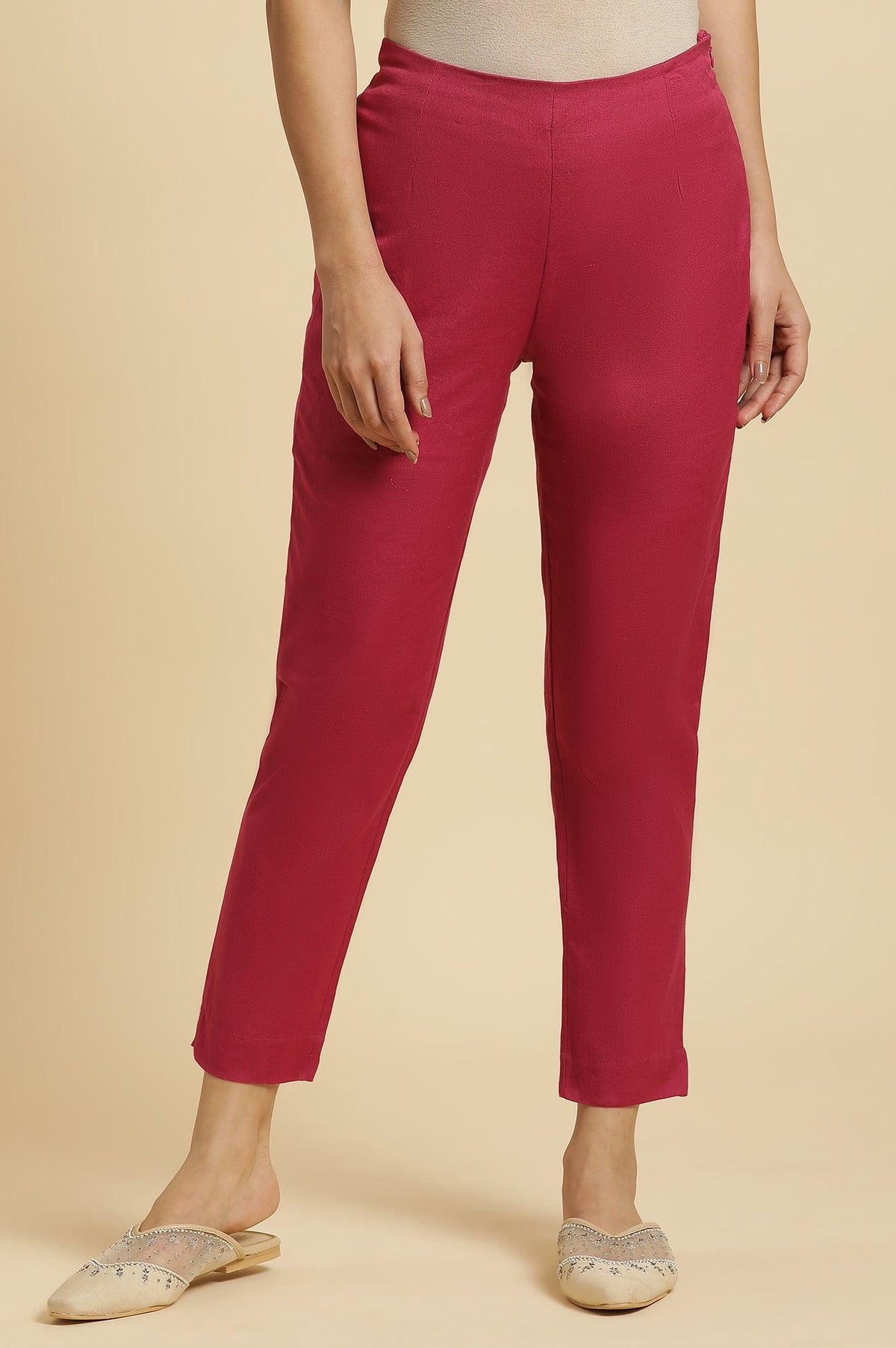 Pink Solid Cotton Flax Slim Pants - XS