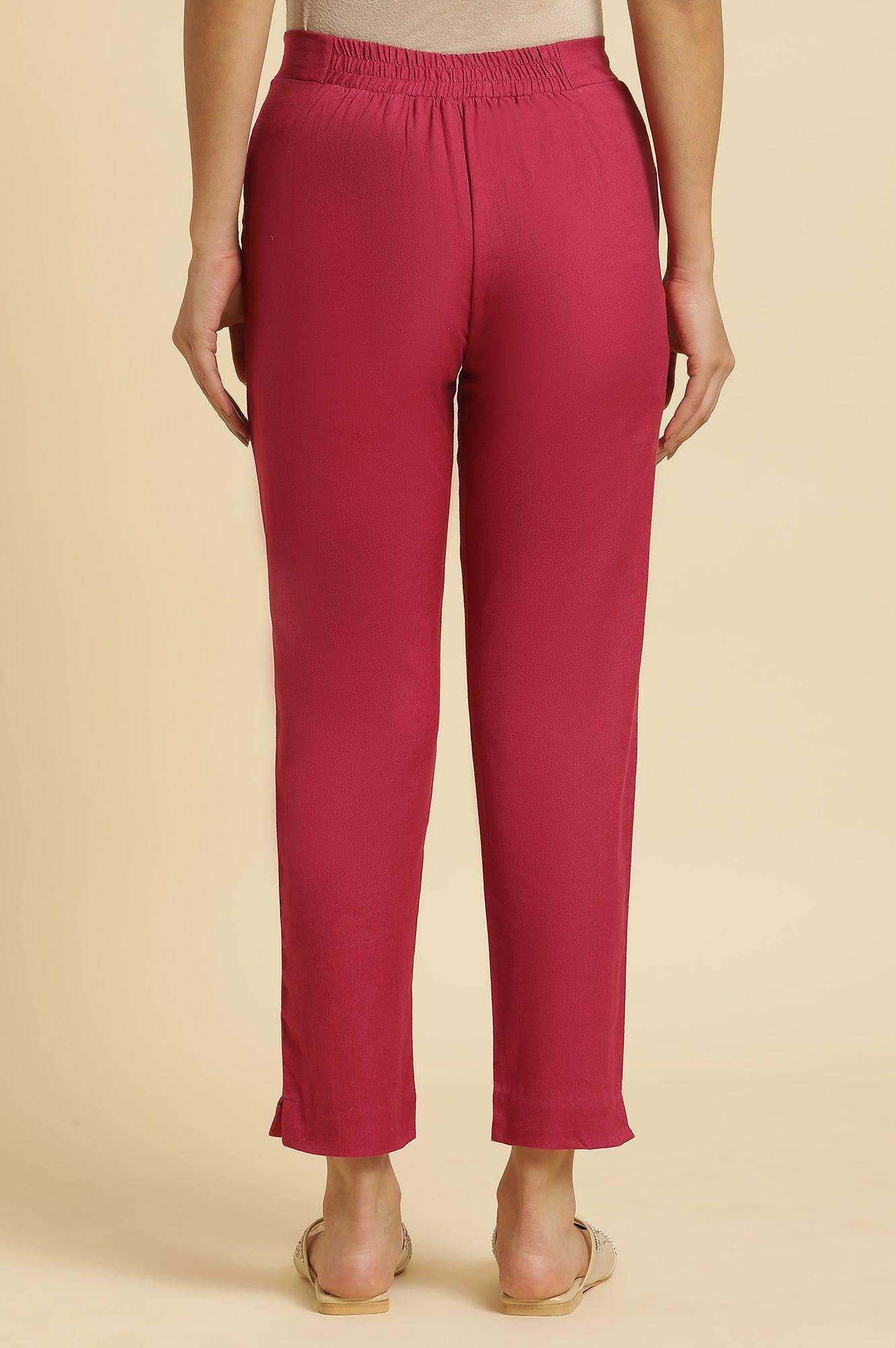 Pink Solid Cotton Flax Slim Pants - wforwoman